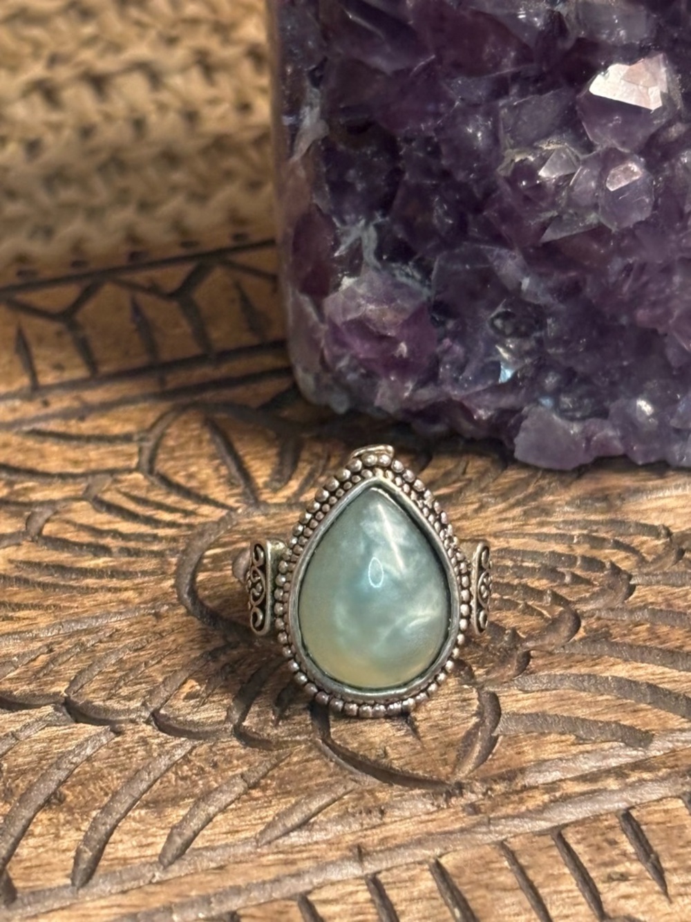 Silver Teardrop Blue Larimar Ring Size 6